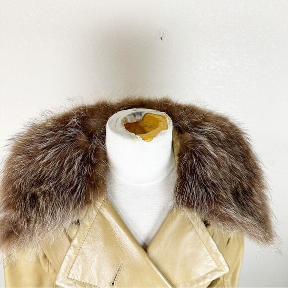 1970s Vntg Leather Double Breasted Raccoon Fur Trim Penny Lane Coat Jacket Mob - Picture 7 of 10